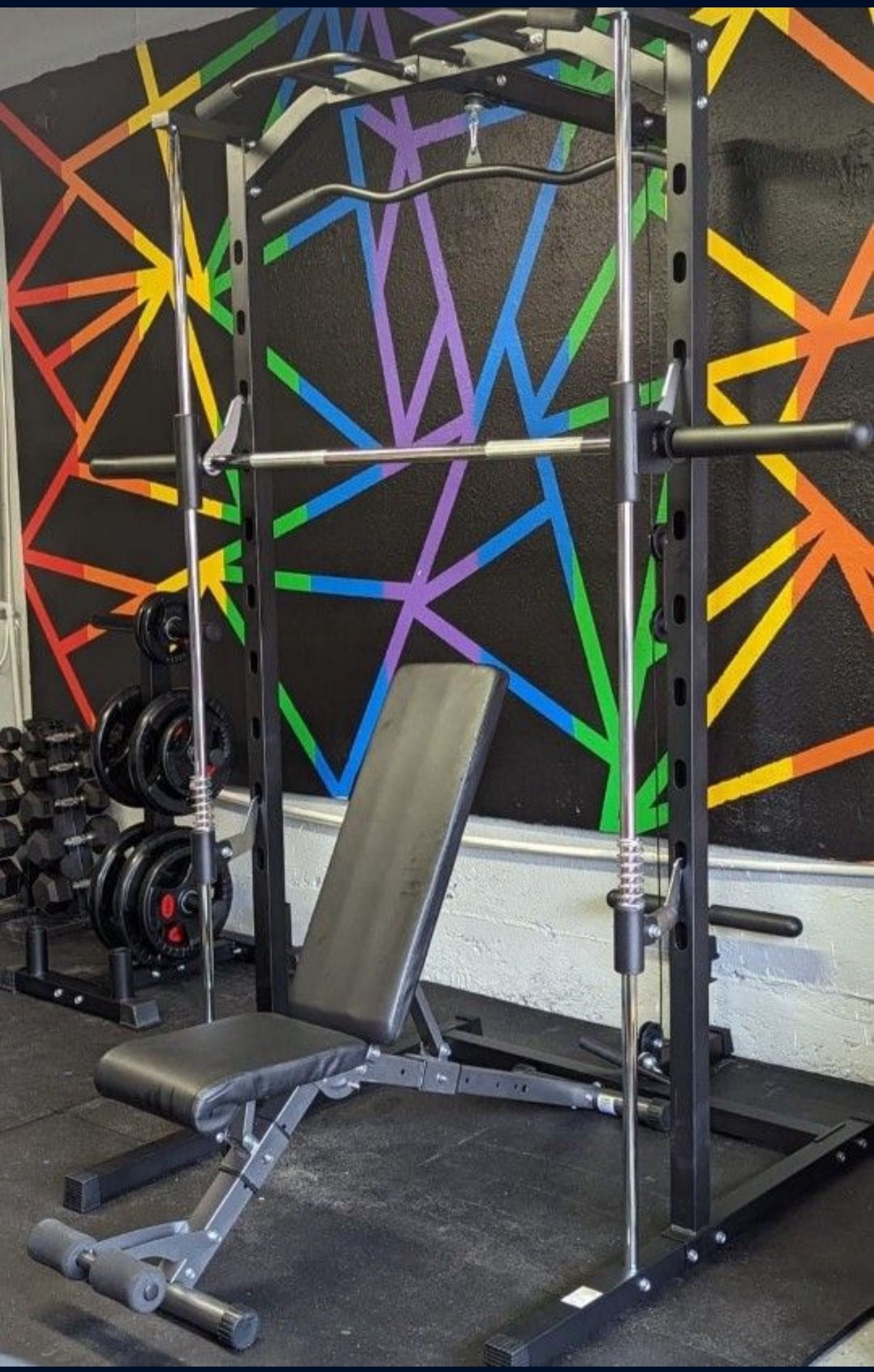 Smith Machines, Power Cages, Squat Racks, Half Racks, Benches, Dumbbells, Weights