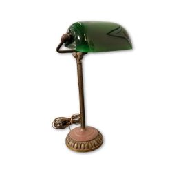 Pacific Fixture Co Green Glass Banker’s Lamp, Adjustable Brass