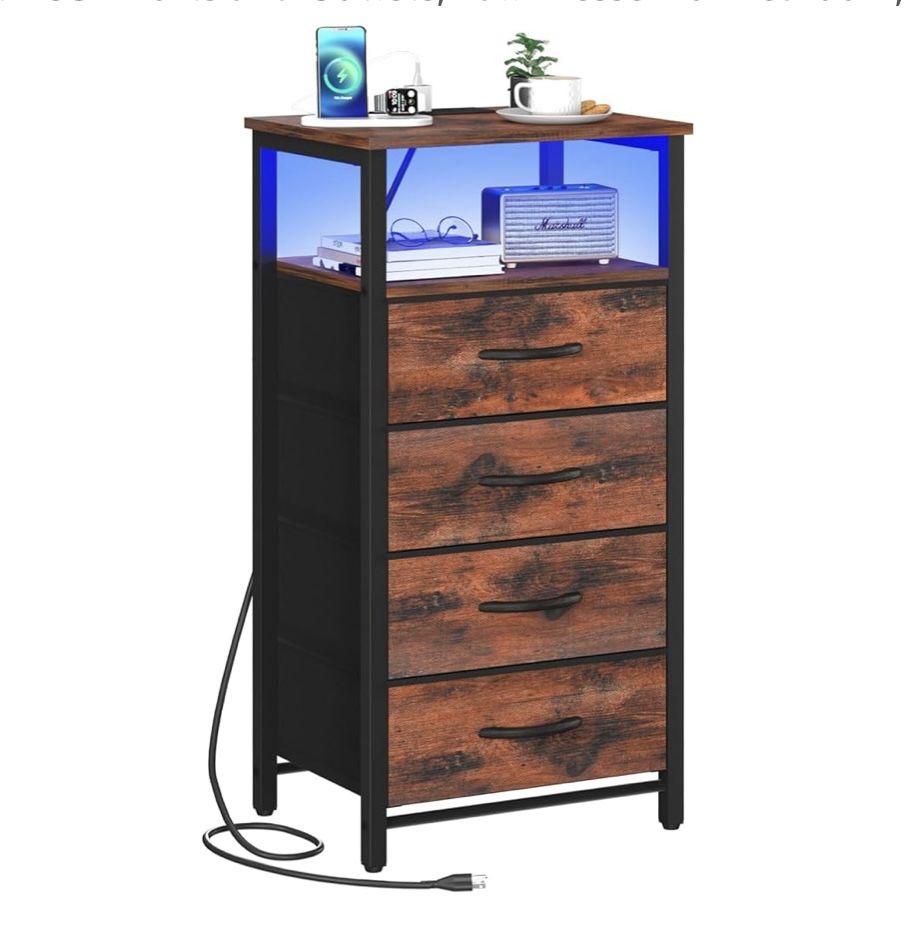 Nightstand with Charging Station, Bedside Table with 4 Fabric Storage Drawers ,End Table, Small Dresser Brown