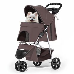 MoNiBloom Foldable Dog Strollers for Small Dogs with Weather Cover, 3 Wheels Pet Strolling Cart for Dogs and Cats with Storage Basket and Cup Holder, 