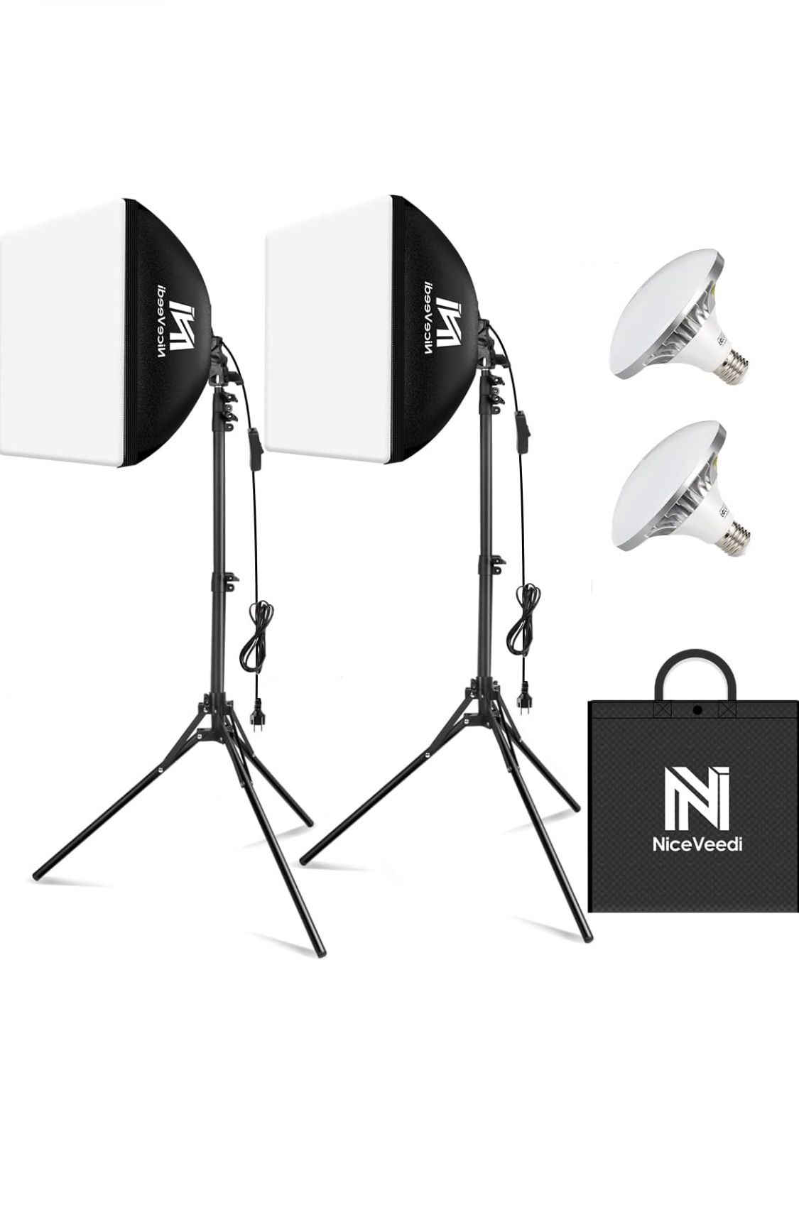 Softbox Lighting Kit, NiceVeedi 2-Pack 16'' x 16'' Softbox Photography Lighting Kit with 63” Tripod