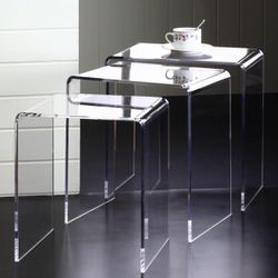 Set of 3 Nesting Tables Transparent Acrylic Side Table Modern Coffee Clear Desk with Round Corner Rectangle 