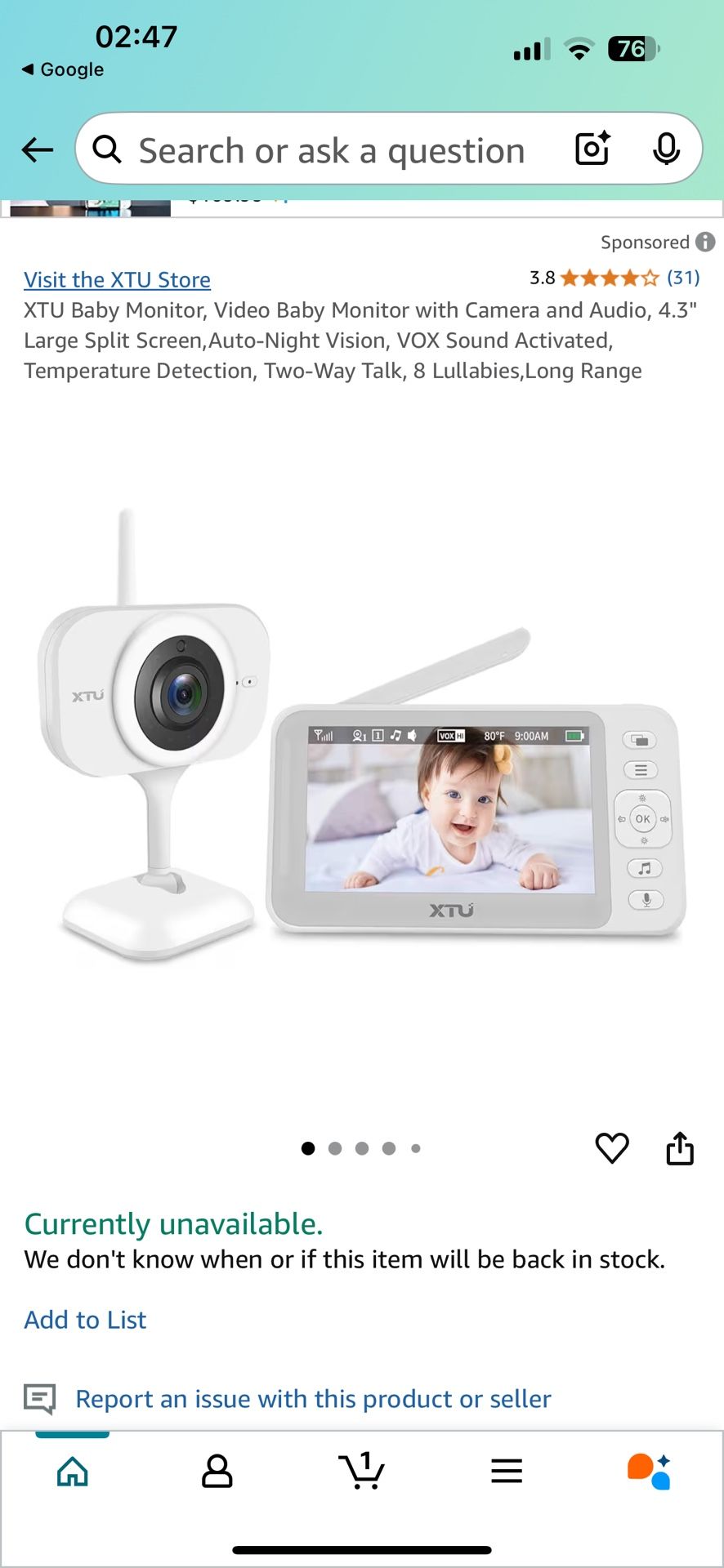 XTU Baby Monitor, Video Baby Monitor with Camera and Audio, 4.3" Large Split Screen,Auto-Night Vision, VOX Sound Activated, Temperature Detection, Two