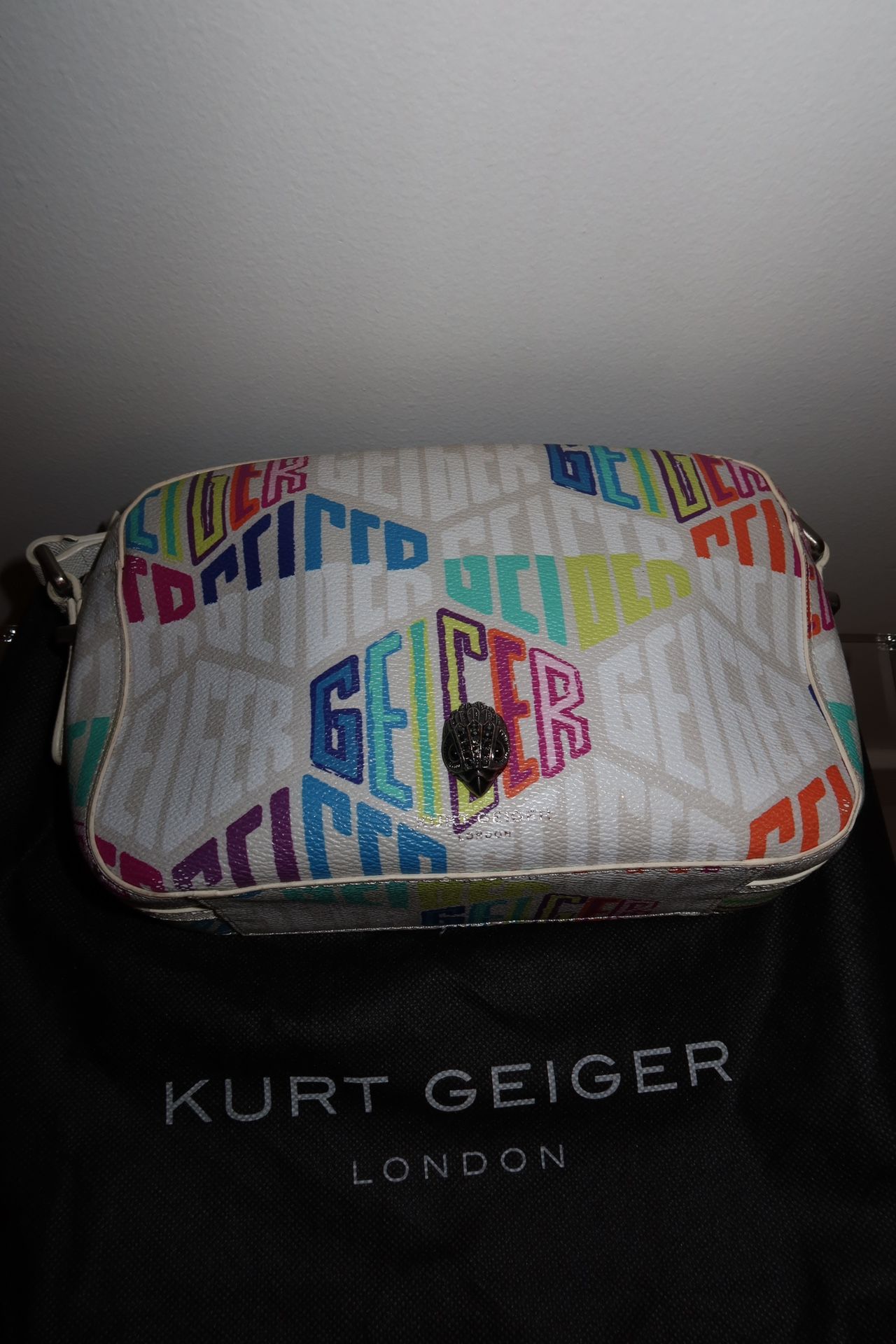 Kurt Geiger London Richmond White Monogram Leather Rainbow Logo Crossbody Bag