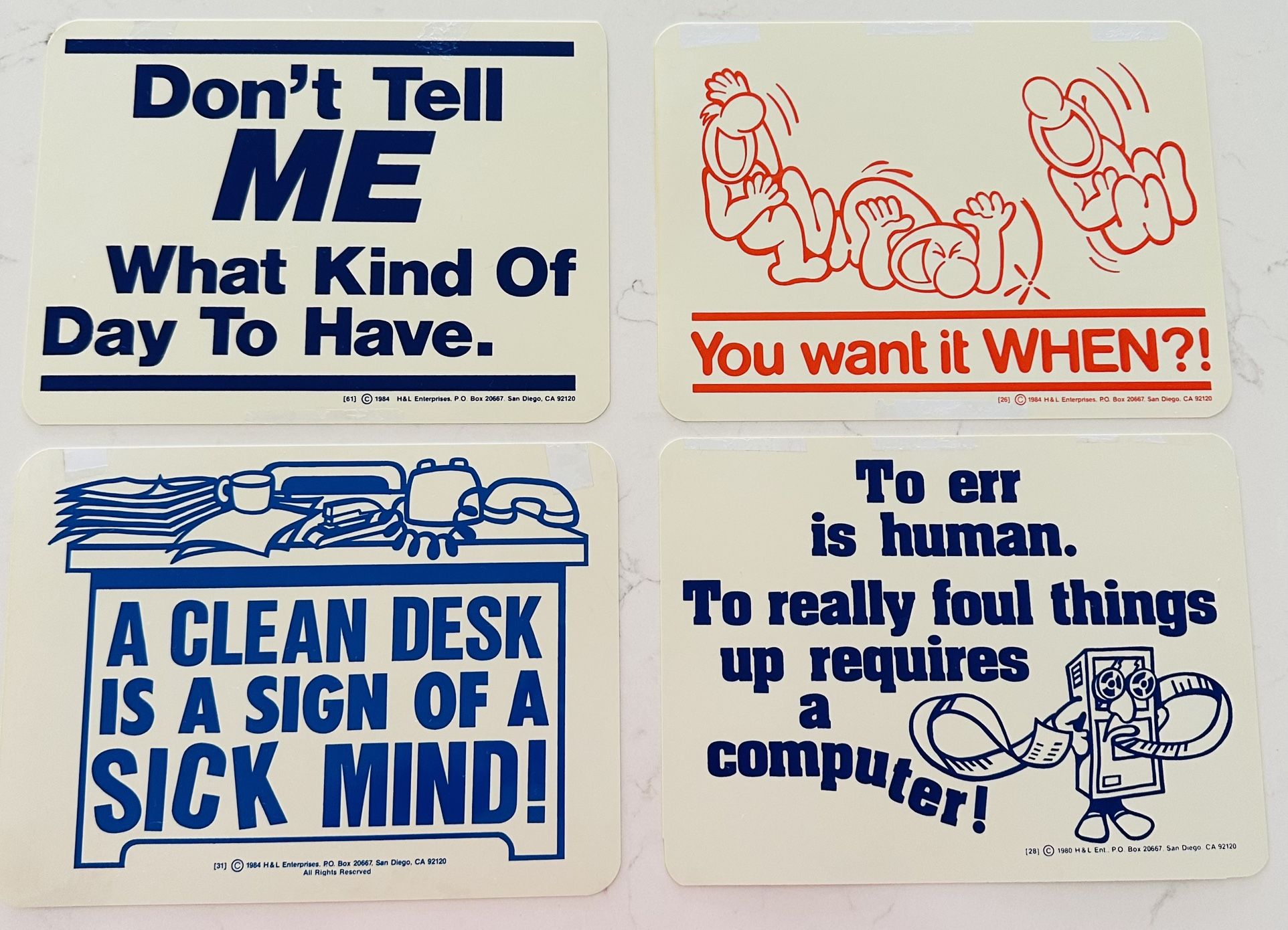 Set of 4 vintage 1984 plastic office funny sarcastic humor signs. Each one is 10 1/2” x 7 3/4” H & L enterprises San Diego Cali