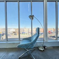 Allermuir Midcentury Modern Minimalist Blue/Gray Silver Swivel Accent Lounge Chair