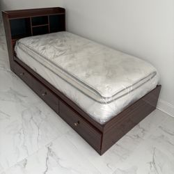 Twin Bed Box Frame With 3 Pull Out Draws & Backboard Shelves