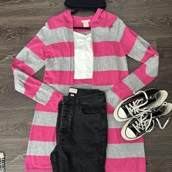 Pink & Gray Striped Longline Hoodie Cardigan 