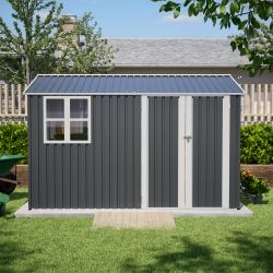 10X8FT Outdoor Steel Storage Shed with Clear Window, Lockable Doors, Weather-Resistant Metal Tool Shed for Garden, Backyard, Patio, and Utility Storag