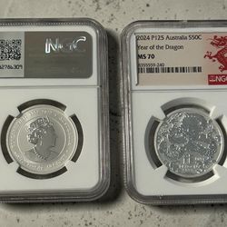 Last Two Left!!! SET OF 2024 P125 Australia S50C Year of The Dragon- NGC MS70 - Beautiful..