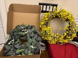 Door Wreaths Green Eucalyptus with White Berries and Yellow Forsythia Spring Wreath Both are new, one has the box $20 each