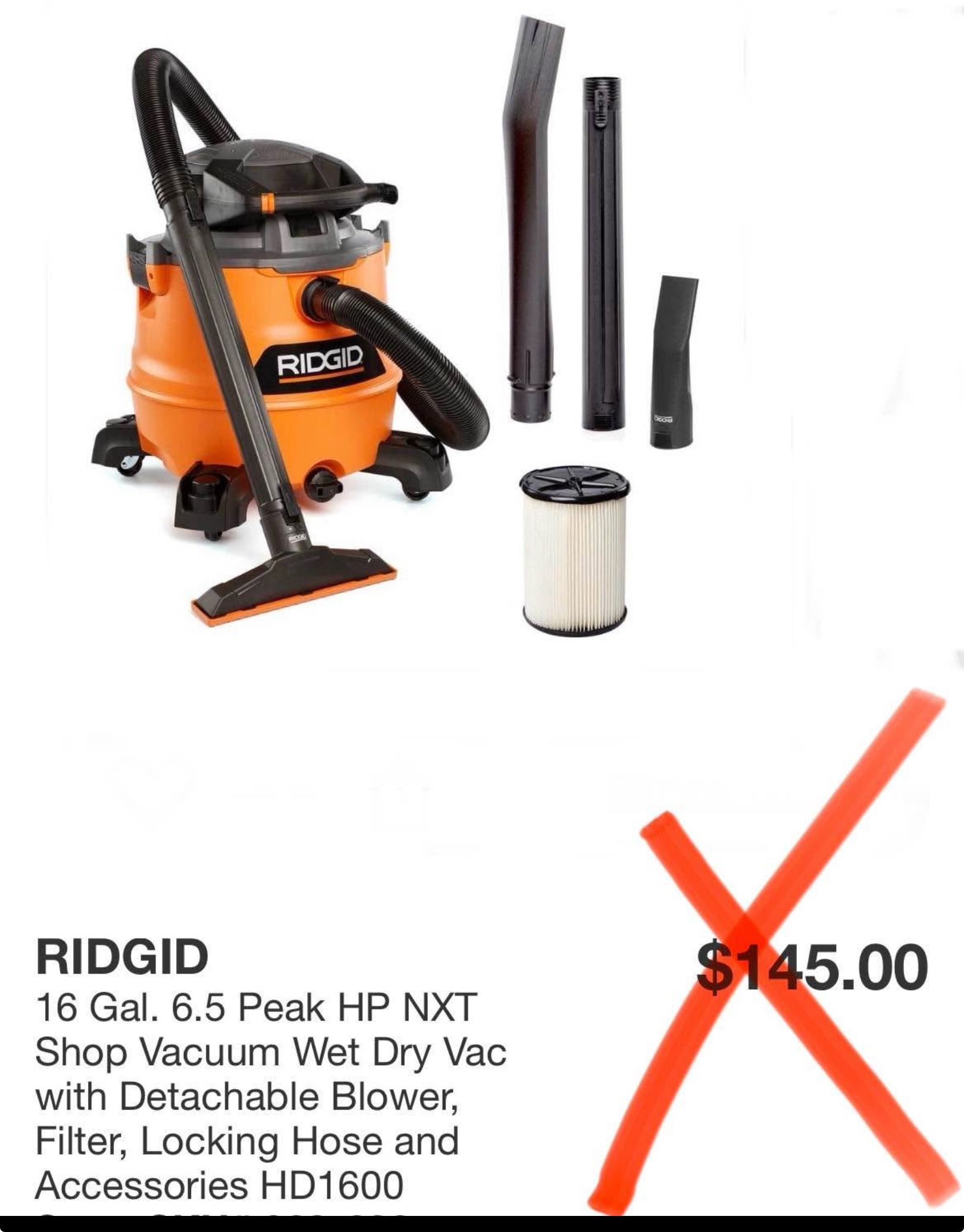 RIDGID 16 Gal. 6.5 Peak HP NXT Shop Vacuum Wet Dry Vac with Detachable Blower, Filter, Locking