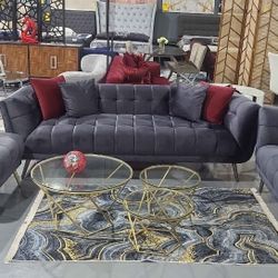 3 PIECE SOFA ARMCHAIR OTTOMAN DARK GRAY VELVET