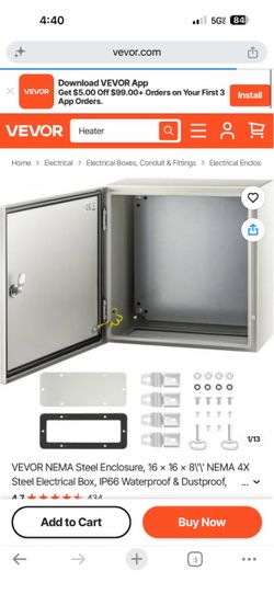 VEVOR NEMA Steel Enclosure, 16 x 16 x 8\'\' NEMA 4X Steel Electrical Box, IP66 Waterproof & Dustproof, Outdoor/Indoor Electrical Junction Box, with Mo