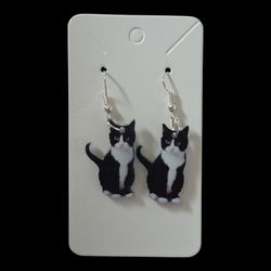 Black & White Tuxedo Cat Double-Sided Dangle Earrings – Cute Acrylic Kitty Jewelry – New
