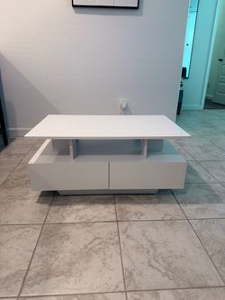 Modern White High-Gloss Coffee Table with Storage Drawers & Open Shelf
