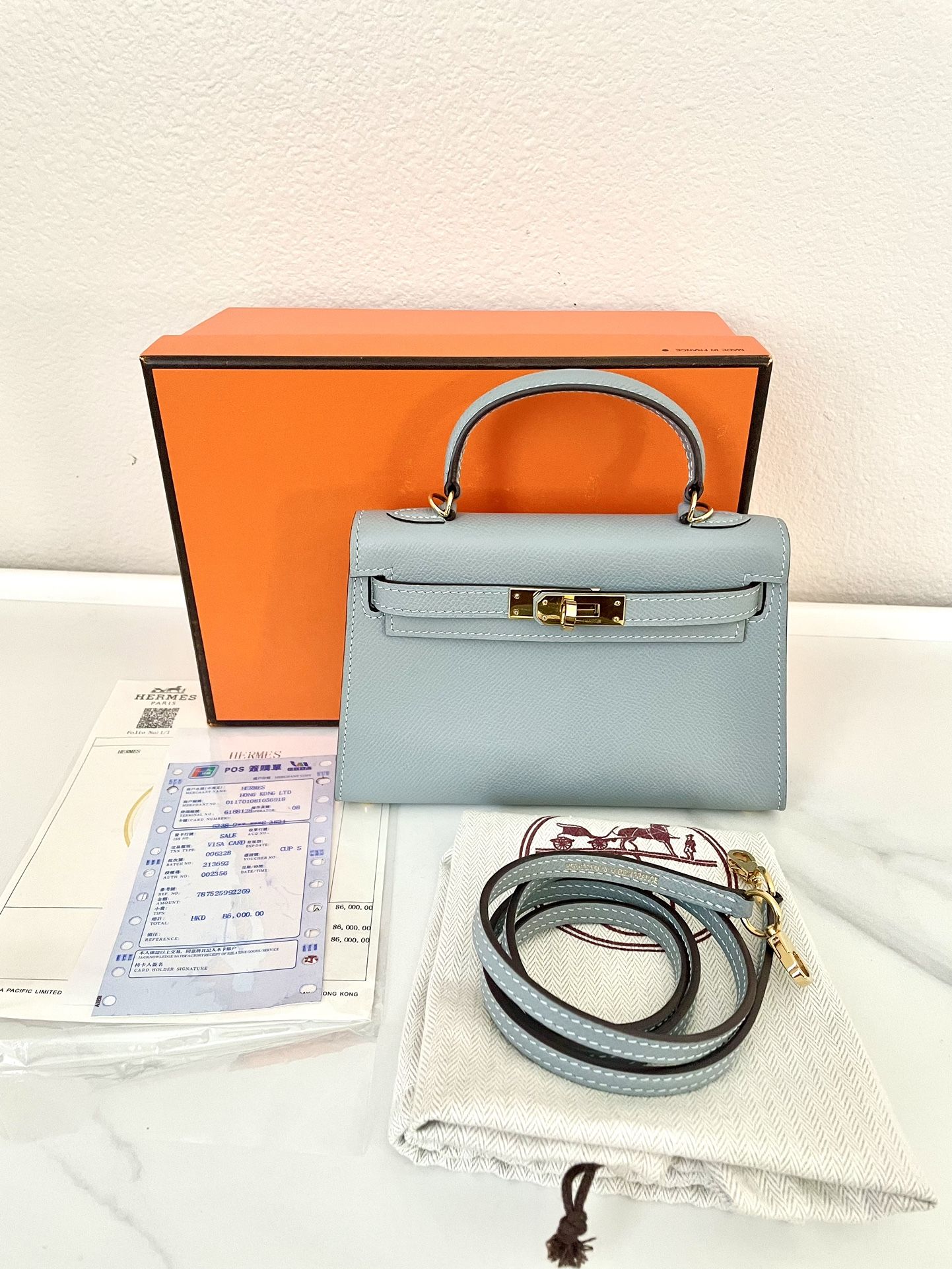 Hermes Mini Kelly Size 20 Blue Brume, Epsom Leather With Gold Hardware