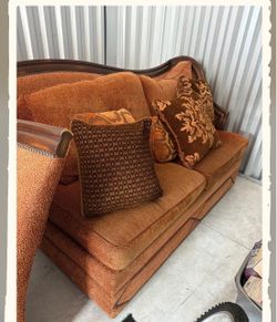 Traditional Camelback Sofa with Wood Trim & Vintage Brown Upholstered Sofa w/Ornate Carved Wood Frame