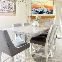 Gray Marble Counter-Height Dining Table with White Base