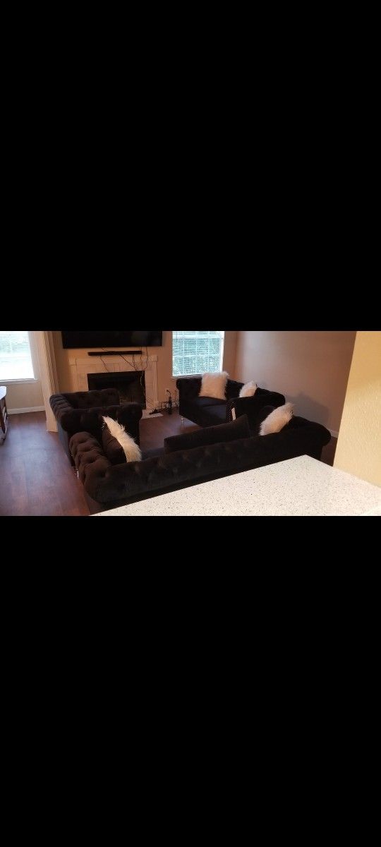 3 Piece Super Jet Black Velvet Furniture Set/ Sofa/Love Seat/Couches