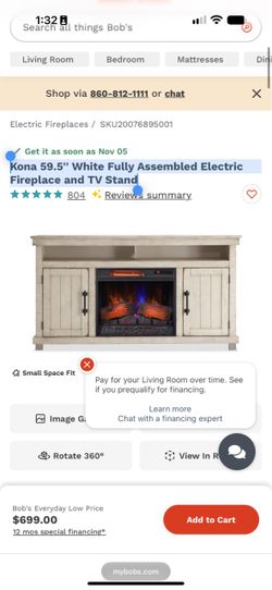 Kona 59.5'' White Fully Assembled Electric Fireplace and TV Stand