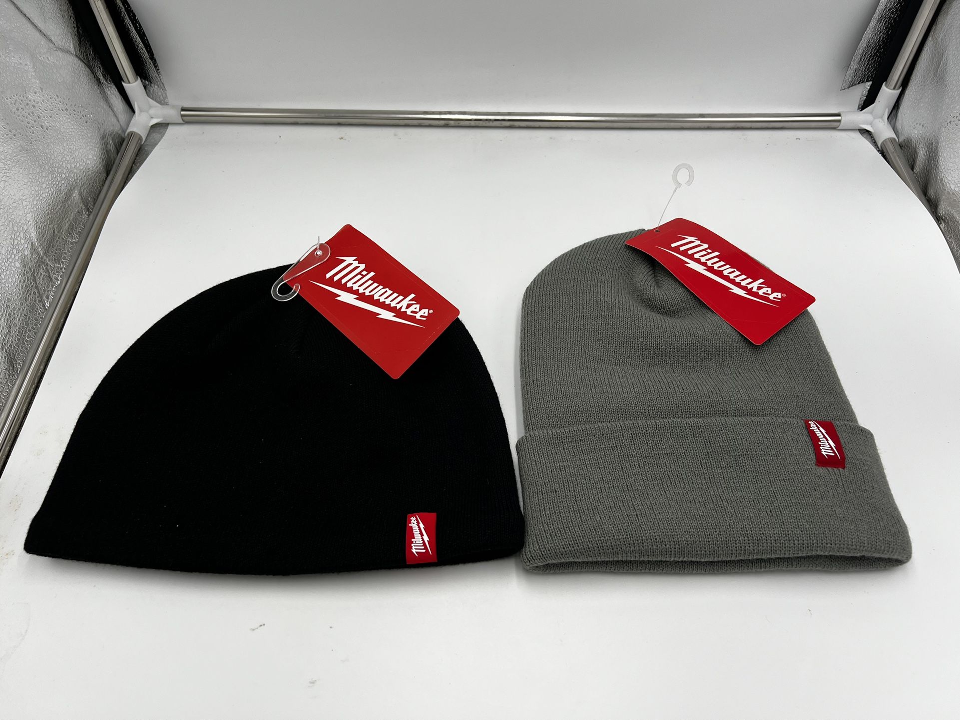 2X Milwaukee Beanie Hats Black Fleece Lined Knit Hat and Gray Acrylic Cuffed Beanie Hat