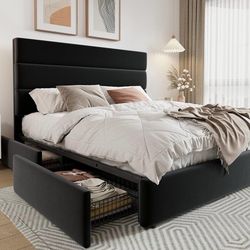 Modern Queen Size Platform Bed Frame with 4 Storage Drawers and Velvet Upholstered Headboard, Wooden Slats Support, Upholstered Mattress Fo