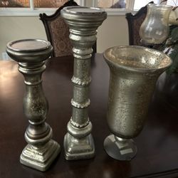 Title: Mercury Glass Candle Holders & Hurricane Vase – Set of 