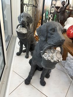 BEAUTIFUL PAIR Of 27” Tall Indoor Outdoor Floor Or Garden Dog Statues With Baskets Of Flowers. Always Inside. 2 For $150 Firm.  