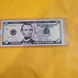 $5 Dollar Bill Series 2017 A ,  93.5% Fancy Serial Number 