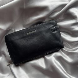 Daniel Hechter Black Leather Zipper Closure Compartments Unisex Handbag Clutch