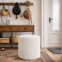 New Round Boucle Fabric Cream Colored Foot Rest