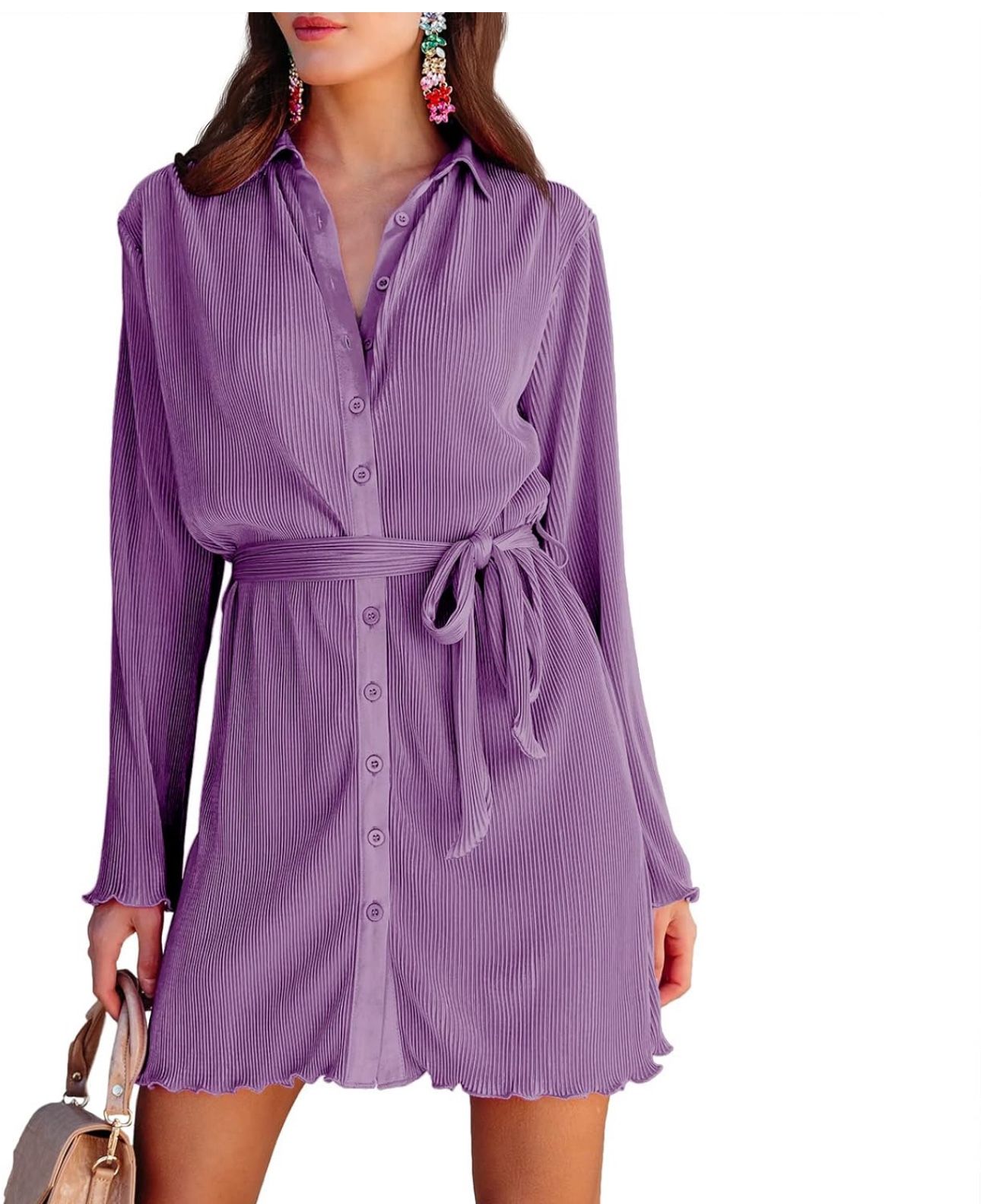 Shirt Dress Tunic Tops with Belt- large Purple