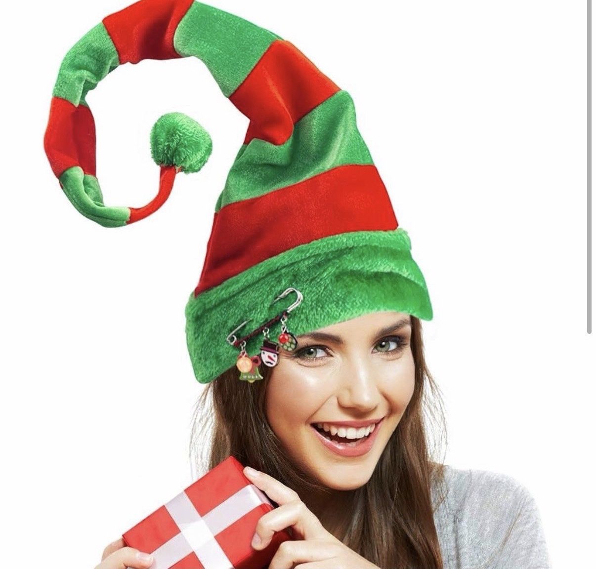  Christmas Elf Hat, Long Striped Felt Hat with Cute Brooch Pin for Kids & Adults