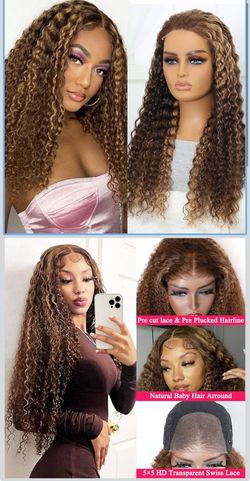 🔥Brand new🔥 Deep Wave P4/27 Honey Blonde Highlight Wear and Go Glueless Human Hair Precut Lace 180 Density 5×5 Closure Wigs Human Hair Pre Plucked w