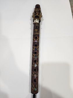 Hand-Carved Wooden Flute, Tiki Totem Pole Style, w/ Real Teeth & Stone Inlays | Folk Art