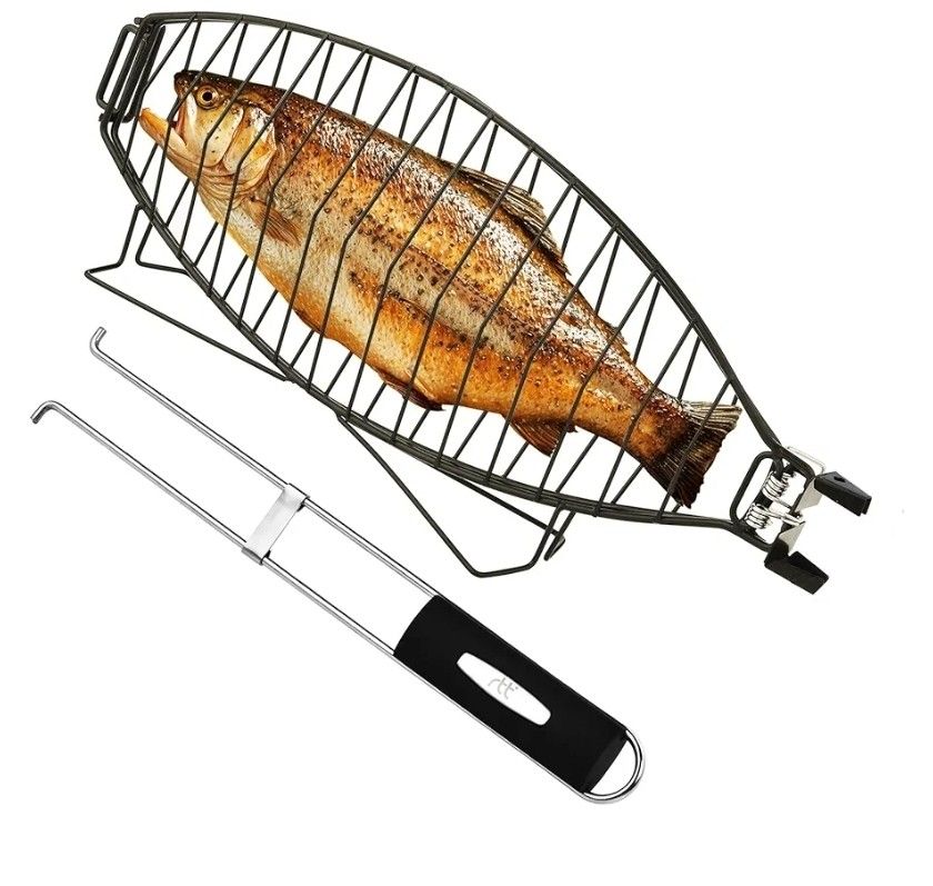 New Fish Grilling Basket for Grill - Stainless Steel Basket, Non-Stick Fish Rack for Grilling with Adjustable Lock Removable Handle, Ideal for BBQ, Ca
