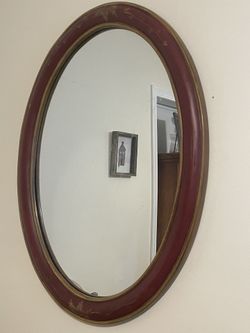 Gorgeous hand painted wooden mirror in deep red /gold accents