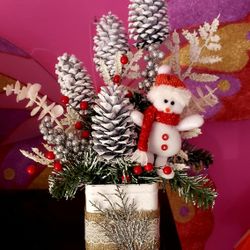 Christmas Snowman Basket Centerpiece Floral Arrangement 