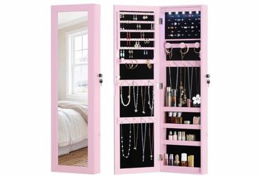 Full Length Mirror Jewelry Cabinet Organizer Lockable Door Wall-Mounted Jewelry Armoire with Shelves and Behind the Door Storage Pink