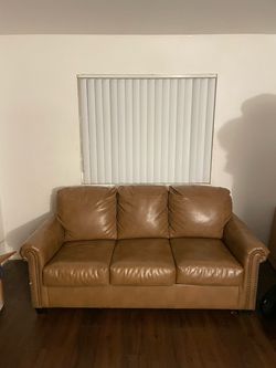Tan Leather 3-Seat Sofa with Pullout Bed