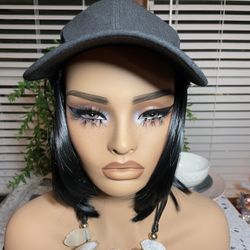 Adjustable Baseball Cap Wig with Short Straight Natural Bob Hair Extensions