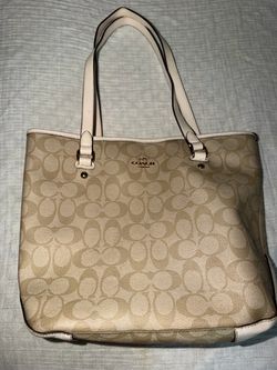 Coach Zip Top Tote Bag Outline Signature Jacquard White Light khaki