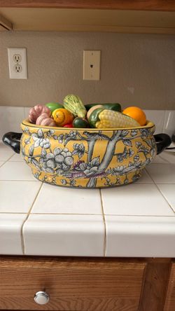 Yellow Ceramic Decorative Bowl with Floral Pattern