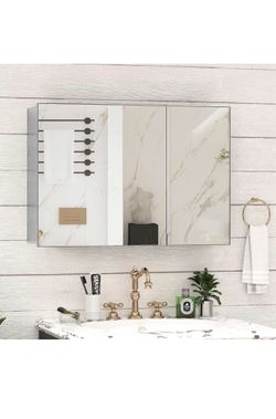 New Hikooo 36 x 24 Farmhouse Medicine Cabinet, Tempered Frameless Bathroom Mirror with Storage, Silver Recessed or Surface Mount Aluminum Medicine Cab