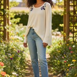 St John's Bay Floral Embroidered Sweater XL Ivory Cotton Knit Top