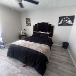 Art Deco Style Black Velvet and Gold Queen Bed Frame