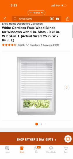 White Cordless Faux Wood Blinds for Windows with 2 in. Slats - 9.75 in. W x 64 in. L (Actual Size 9.25 in. W x 64 in. L)