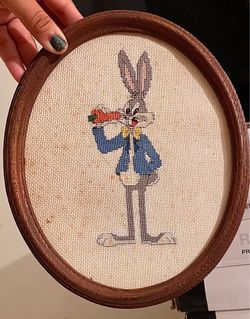 Vintage Bugs Bunny Handmade Completed Cross Stitch – Framed Hoop