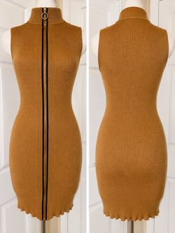 Camel Ribbed Knit Bodycon Mini Dress